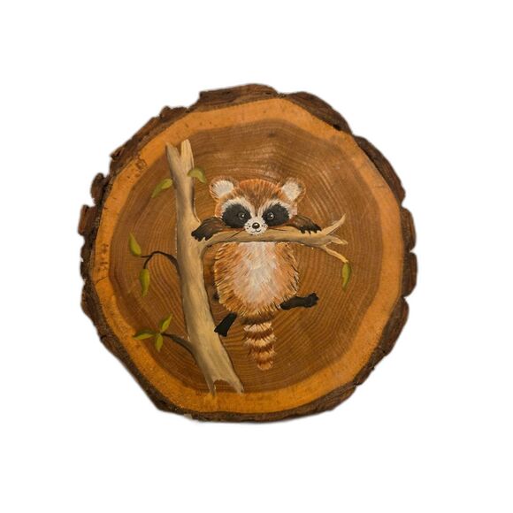 Hand-Rapainted Raccoon Wood Plaque or Trivet 5.75" x .5" - Picture 1 of 2